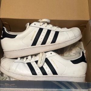 Adidas Superstar White Sneakers with Black Stripes men’s size 10